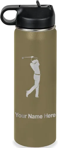 Miniatura 45 de LaserGram Botella de agua personalizada, golfista de golf, acero inoxidable de doble pared aislada al vacío con popote superior, regalo grabado Negro
