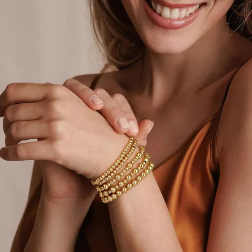 Miniatura 2 de adoyi - Pulseras de oro para mujer, impermeables, con cuentas de bolas chapadas en oro de 14K, pulseras ajustables apilables para regalos