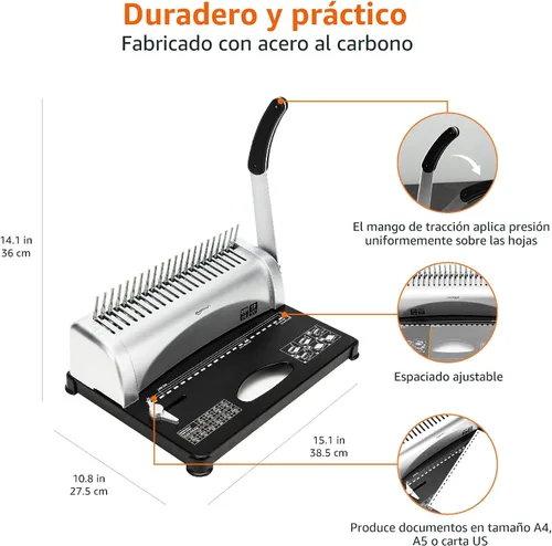 Miniatura 4 de Amazon Basics - Máquina de encuadernación de peine, capacidad para 350 hojas, para tamaños de papel A5 (15 agujeros)/carta (19 agujeros)/A4