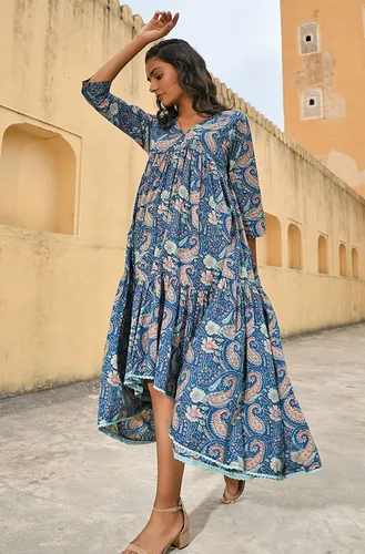 Miniatura 7 de Janasya Vestido indio de algodón verde azulado con estampado floral para mujer
