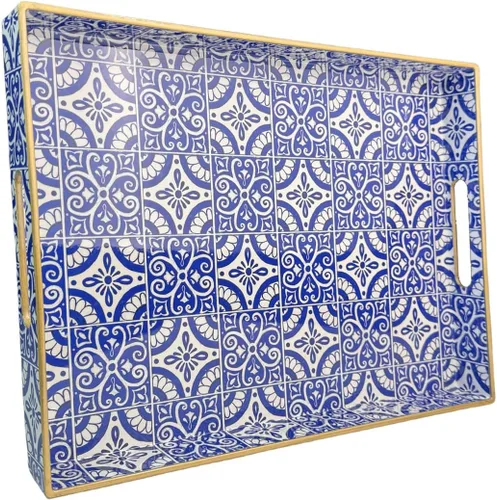 Miniatura 13 de Bandeja de servir azul con 4 asas, bandeja decorativa de plástico para mesa de café, otomana - Ideal para sala de estar y baño. 15 x 11 x 1.9
