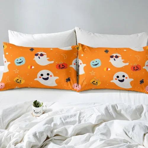 Miniatura 4 de Juego de ropa de cama de Halloween con patrón de sombras kawaii, sábana bajera tamaño queen, decoraciones de calabaza, luces de calabaza góticas