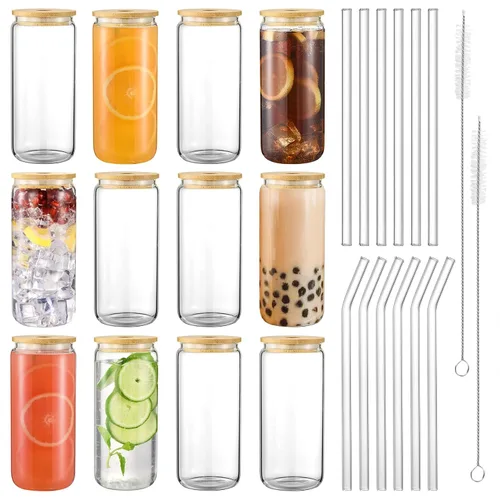 Vasos de vidrio con tapas y pajitas de 20 onzas, juego de 12 vasos de vidrio para bebidas de cerveza con tapas de bambú, vaso con popote para café