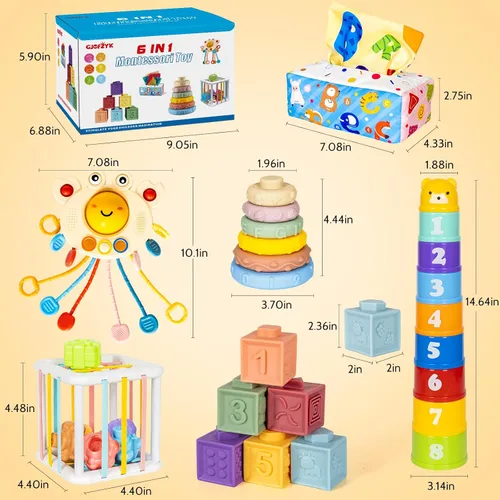 Miniatura 5 de Juguetes Montessori 6 en 1 para bebés recién nacidos, bloque de apilamiento suave, anillo de formas de aprendizaje sensorial para bebés, recipiente