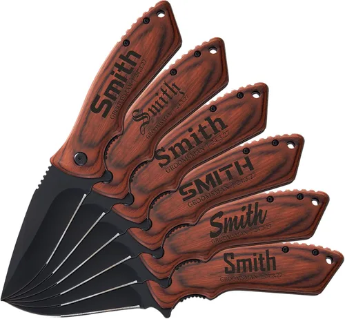 Miniatura 14 de Cuchillo plegable de bolsillo personalizado grabado con caja de madera para novio, marido, papá, hijo, cuchillo de caza de pesca único para hombres