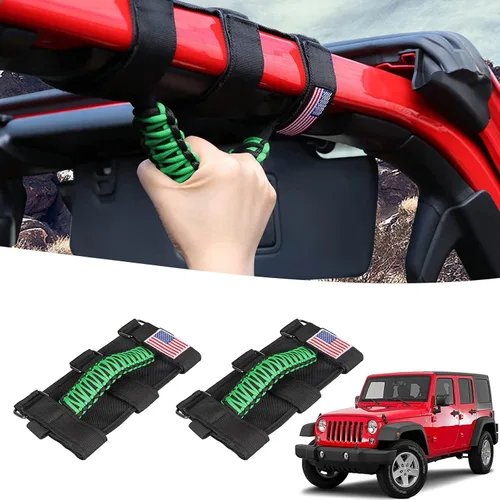 GAIZON Paquete de 2 asas de agarre de barra antivuelco, asas de paracord para Jeep Wrangler CJ YJ TJ JL JK LJ JLU JKU Sahara Freedom Rubicon, Verde