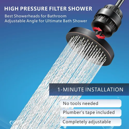 Miniatura 7 de Juego de cabezal de ducha filtrado de alta presión, filtro de ducha de lluvia de 6 pulgadas para agua dura, cabezal de ducha redondo universal de 20
