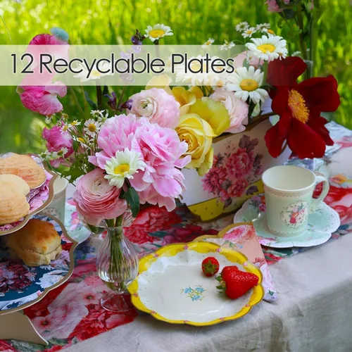 Miniatura 4 de Talking Tables Platos de papel floral vintage de 24 x 7 pulgadas para el día de la madre, fiesta de té, platos desechables florales festoneados