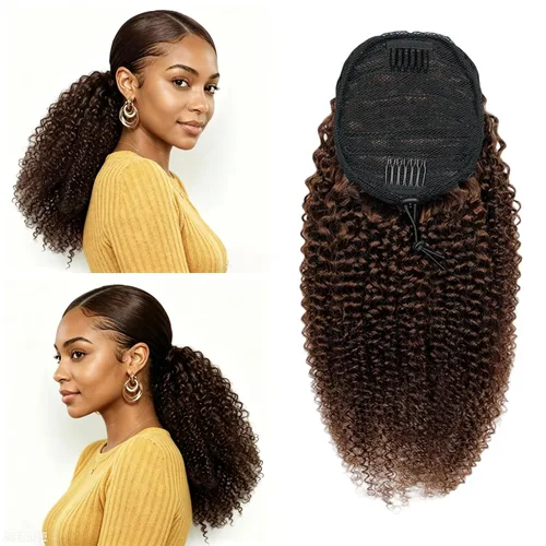 Miniatura 12 de Cola de Caballo con Cordón Afro Puff Cabello Humano Afro Rizado Crespo Cola de Caballo con Cordón 4C para Mujeres Negras Extensión de Cabello Humano