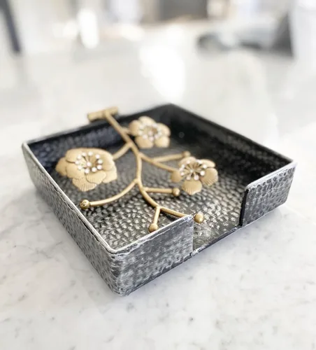 Miniatura 8 de Servilletero cuadrado plano plateado con flores de orquídeas doradas y cristales sintéticos Brazo pesado con bisagras de metal con bisagras