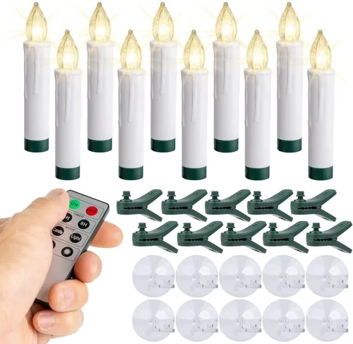 Paquete de 10 velas LED sin llama con clip y ventosa para velas de árbol de Navidad/ventana, luces de vela blancas cálidas parpadeantes de 3.5