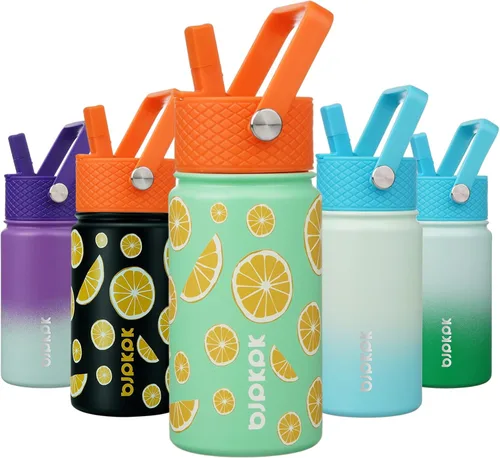 Miniatura 67 de BJPKPK Botella de agua aislada con tapa con pajilla, bonitas botellas de agua de 15 onzas, termo de metal de acero inoxidable, vasos reutilizables