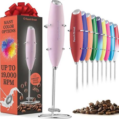 Potente espumador de leche de mano, mini espumador de leche, mezclador de bebidas de acero inoxidable operado por batería con soporte para espumador