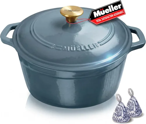 Miniatura 12 de MÜELLERHOME Horno holandés de hierro fundido esmaltado, 6 cuartos de galón, resistente, cazuela con tapa y perilla de acero inoxidable, para todas