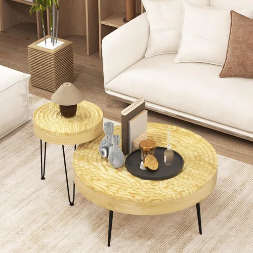 Miniatura 8 de Giantex Juego de 2 mesas auxiliares redondas bohemias, mesa anidable lateral para sofá con parte superior de madera de pino maciza, patas de metal