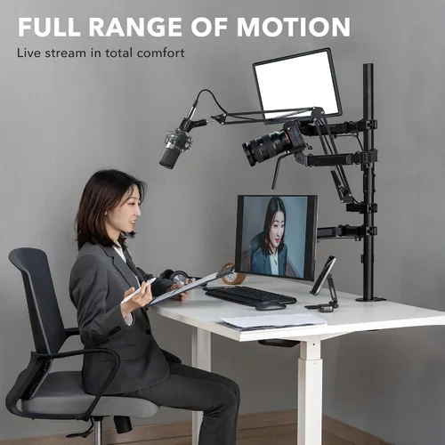 Miniatura 5 de Mount-It! Soporte de escritorio de transmisión todo en uno – Configuración de 4 brazos para monitor, cámara, anillo de luz y micrófono – Equipo