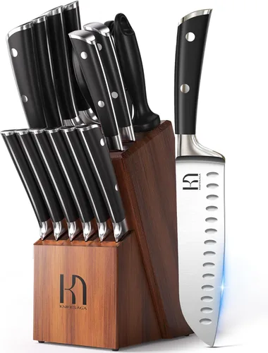 KnifeSaga - Juego de cuchillos, 15 piezas de bloque de cuchillos de cocina con afilador, juego de cuchillos de acero inoxidable de alto carbono