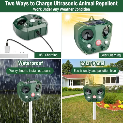 Miniatura 7 de Repelente ultrasónico de animales al aire libre, repelente solar de animales 2025, repelente de gatos con detección de movimiento y luz LED