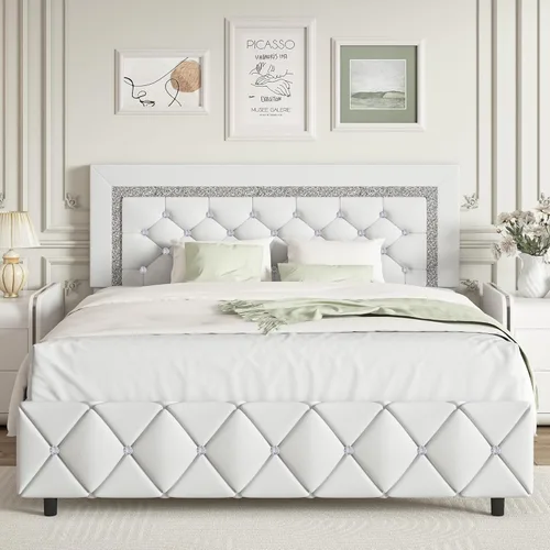 Miniatura 16 de BarnFurin Base de cama y cabecero tamaño King, cama tapizada de piel sintética con diseño capitoné de diamante, base de cama de plataforma moderna