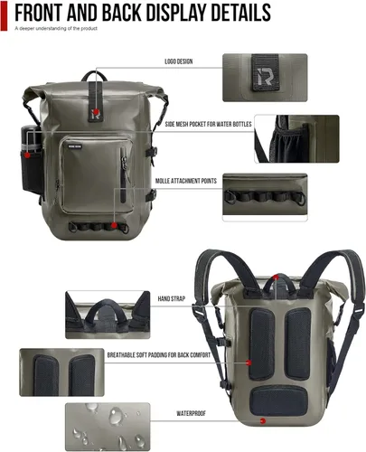 Miniatura 3 de RIDEIRON Mochila impermeable para motocicleta, bolsa seca con cierre superior enrollable para kayak, viajes, surf, canotaje, pesca, campamento Oliva