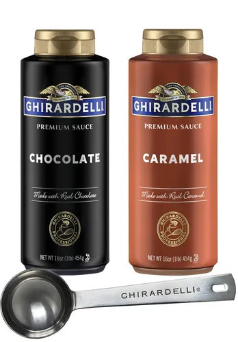 Ghirardelli Salsa de caramelo y chocolate de 16 onzas, 1 de cada botella exprimible (juego de 2) con cuchara de barista estampada Ghirardelli