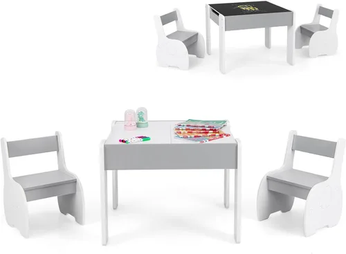 Miniatura 10 de HONEY JOY Juego de mesa y silla para niños, mesa de actividades de madera 4 en 1 y 2 sillas para manualidades artísticas, pizarra reversible, 3
