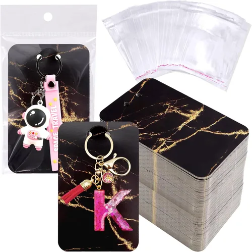 Miniatura 8 de ZYNERY 100 tarjetas de exhibición con bolsas autosellantes, soporte para llavero de 3 x 4.7 pulgadas, suministros de embalaje de joyas (rosa mármol)