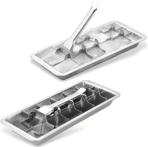 2 juegos de bandejas de metal para cubitos de hielo, bandejas de cubitos de hielo de acero inoxidable, bandeja para cubitos de hielo de 18 ranuras