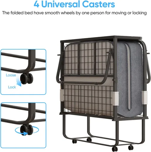 Miniatura 5 de Mjkone Cama plegable con colchón, cama rodante para adultos con cabecero y bolsa antipolvo, cama plegable portátil de 5 pulgadas para huéspedes