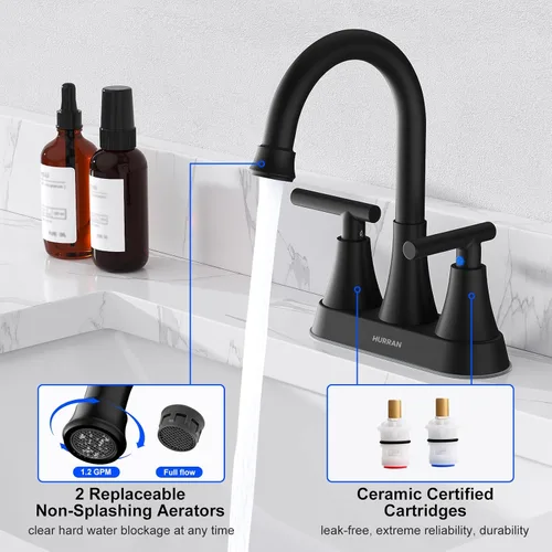 Miniatura 7 de Hurran - Grifos de baño para fregadero de 3 agujeros, juego central de 4 pulgadas y grifo de lavabo de baño negro mate con drenaje emergente, grifo