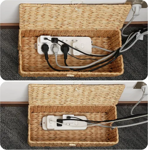 Miniatura 3 de Posprica Caja de Gestión de Cables con Tapa, Paquete de 2 Cajas Organizadoras Ocultadoras de Cables Tejidas a Mano de Jacinto de Agua Real, Caja