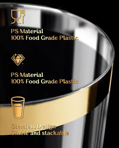 Miniatura 6 de Nervure 120 vasos de plástico dorados – Vasos de plástico con borde dorado de 10 onzas – Vasos desechables resistentes – Taza transparente con borde