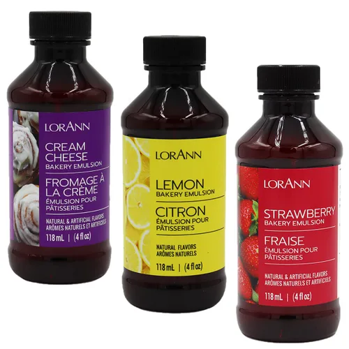 Lorann Oils Emulsión de panadería de queso crema, limón y fresa: Mezcla de triple sabor, ideal para mejorar sabores complejos en productos