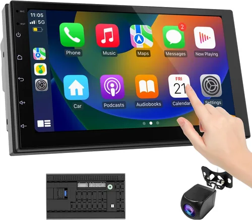 Pantalla inalámbrica CarPlay para coche y unidad principal Android Auto – Pantalla táctil de 7 pulgadas doble DIN estéreo de coche con cámara de