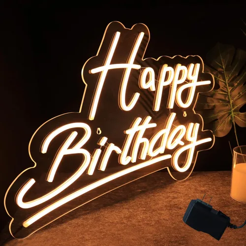 Letrero de neón grande de feliz cumpleaños, letrero LED de 12 V para decoración de pared (22.4 x 14.3 pulgadas)