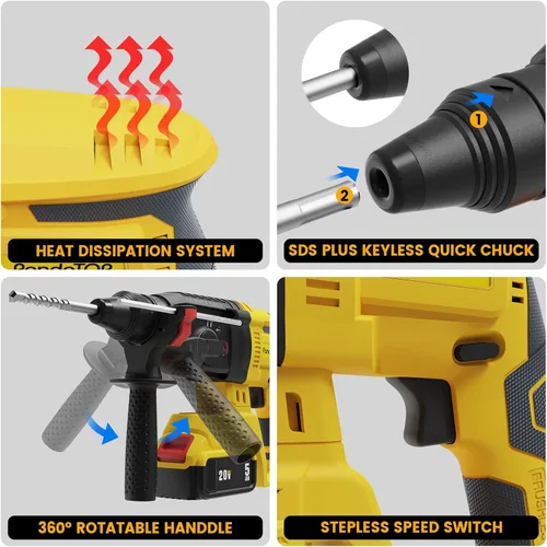Miniatura 6 de SDS Plus - Taladro de martillo giratorio inalámbrico para batería Dewalt de 20 V máximo, taladro martillo de 20 V sin escobillas