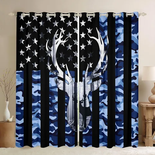 Miniatura 12 de Cortinas opacas de camuflaje con bandera estadounidense, regalo para niños, cortina de ventana de camuflaje verde con rayas negras, estrellas