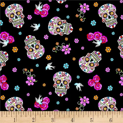 Día de los muertos con purpurina negro/tela multicolor por yarda
