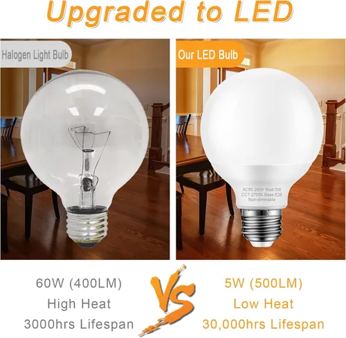 Miniatura 3 de Paquete de 4 bombillas de baño de color blanco cálido, equivalente a 60 vatios, base media E26, bombillas LED G25 para tocador de baño, bombilla