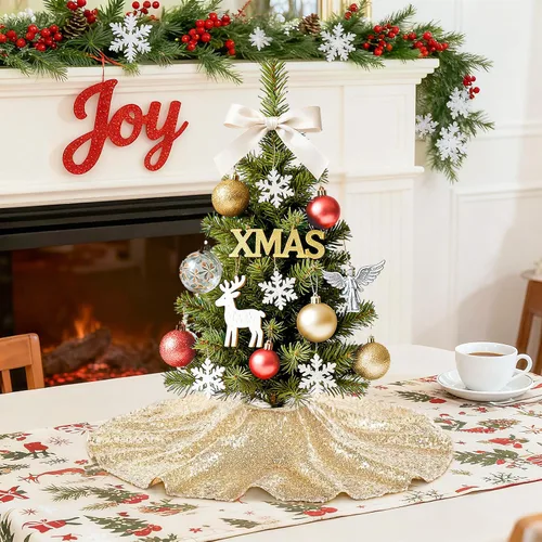 Miniatura 2 de Faldón para Árbol de Navidad 24 Pulgadas Redondo de Champán, Faldón Pequeño para Árbol de Navidad, Adornos de Navidad Lentejuelas para Fiesta de Año
