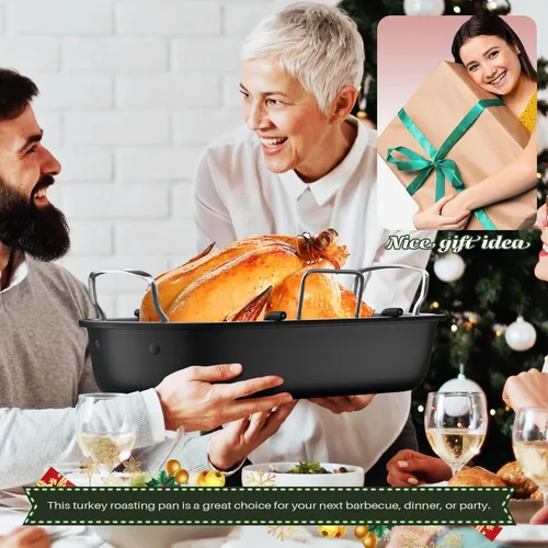 Miniatura 7 de Sartén antiadherente para asar pavos con estante, sartén para pavo de 17 x 13 pulgadas, sartén grande para carne y verduras, (plateado)