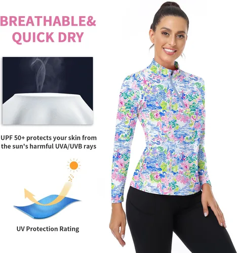 Miniatura 140 de WOWENY Camiseta deportiva de manga larga para mujer, con cremallera de un cuarto, cuello para entrenamiento, camiseta de tenis con estampado