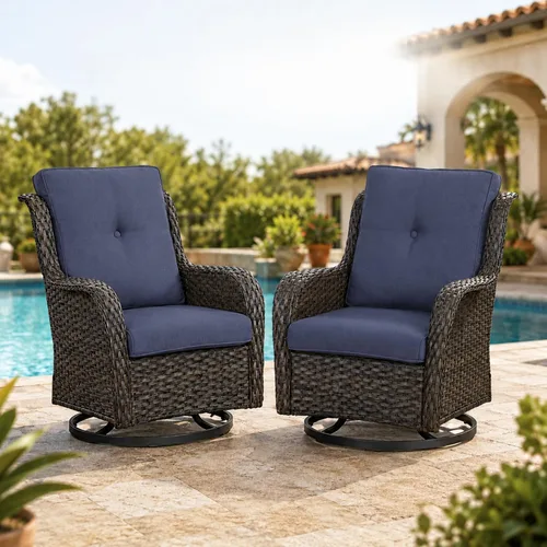 HUMMUH Juego de 2 Sillas Giratorias Mecedoras de Mimbre para Patio Exterior, Juego de Muebles de Sillas Mecedoras de Ratán (Marrón, Azul) | 50,000