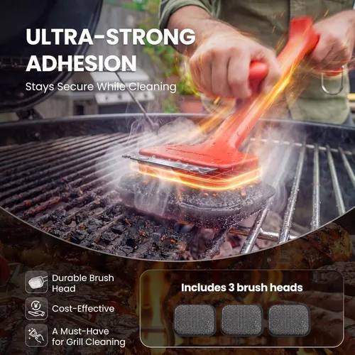Miniatura 6 de ThermoMaven Cepillo para Parrilla de BBQ Sin Cerdas - Cepillo Limpiador de Parrilla de Vapor Seguro de 17" con Raspador y 3 Cabezales de Cepillo