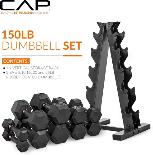 Miniatura 2 de CAP Barbell Juego de Mancuernas Hexagonales Recubiertas de 150 libras con Mango de Cobre y Soporte Vertical