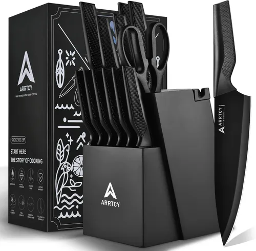 Juego de cuchillos con bloque – Juego de cuchillos de cocina alemán de acero de alto carbono – 15 piezas con afilador integrado y apto para