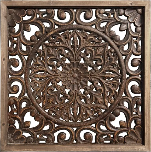 Miniatura 8 de XIAOAIKA Escultura de pared de madera tallada bohemia, intrincado diseño floral de mandala con acabado marrón envejecido, panel de arte de pared