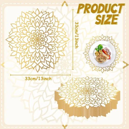 Miniatura 2 de 50 manteles individuales desechables de papel redondos metálicos dorados y blancos, redondos, con diseño floral, para mesa de mesa, manteles
