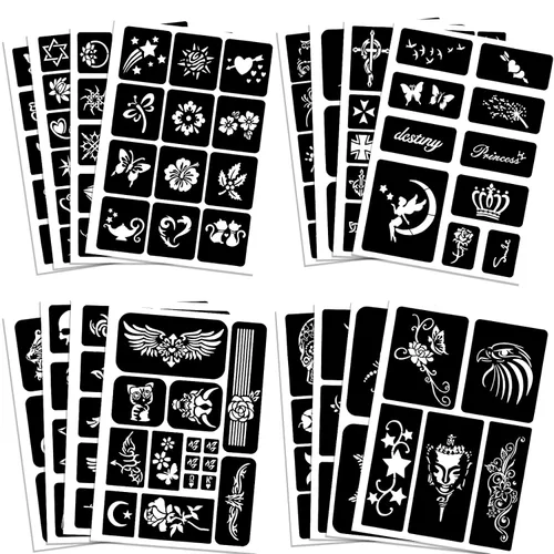 Qpout Plantillas de tatuaje para niños y adultos, kit de plantillas de tatuaje de henna, diseño de plantillas de tatuaje pequeñas y grandes,