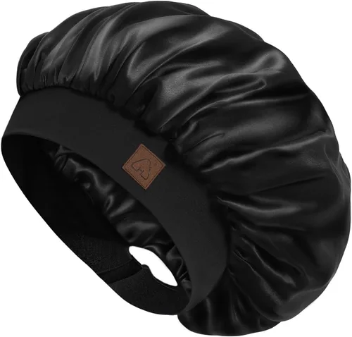 Hat Hut Gorro de satén de seda para dormir para mujer, gorro de pelo para cabello rizado, banda ancha ajustable, doble capa